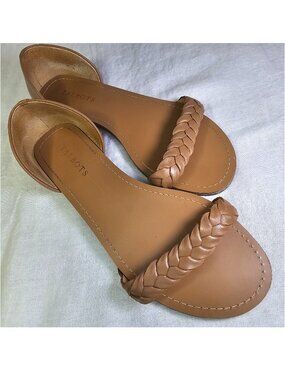 Talbots Lulu D’Orsay Braided Leather Strap Flat Open Toe Sandals 8M Soft Cognac